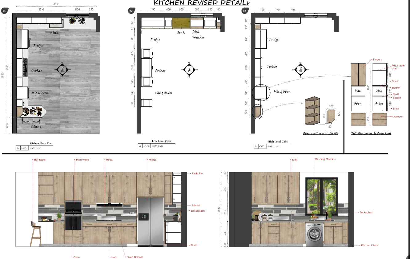 Kitchen floor and ceiling plan with detailed layout